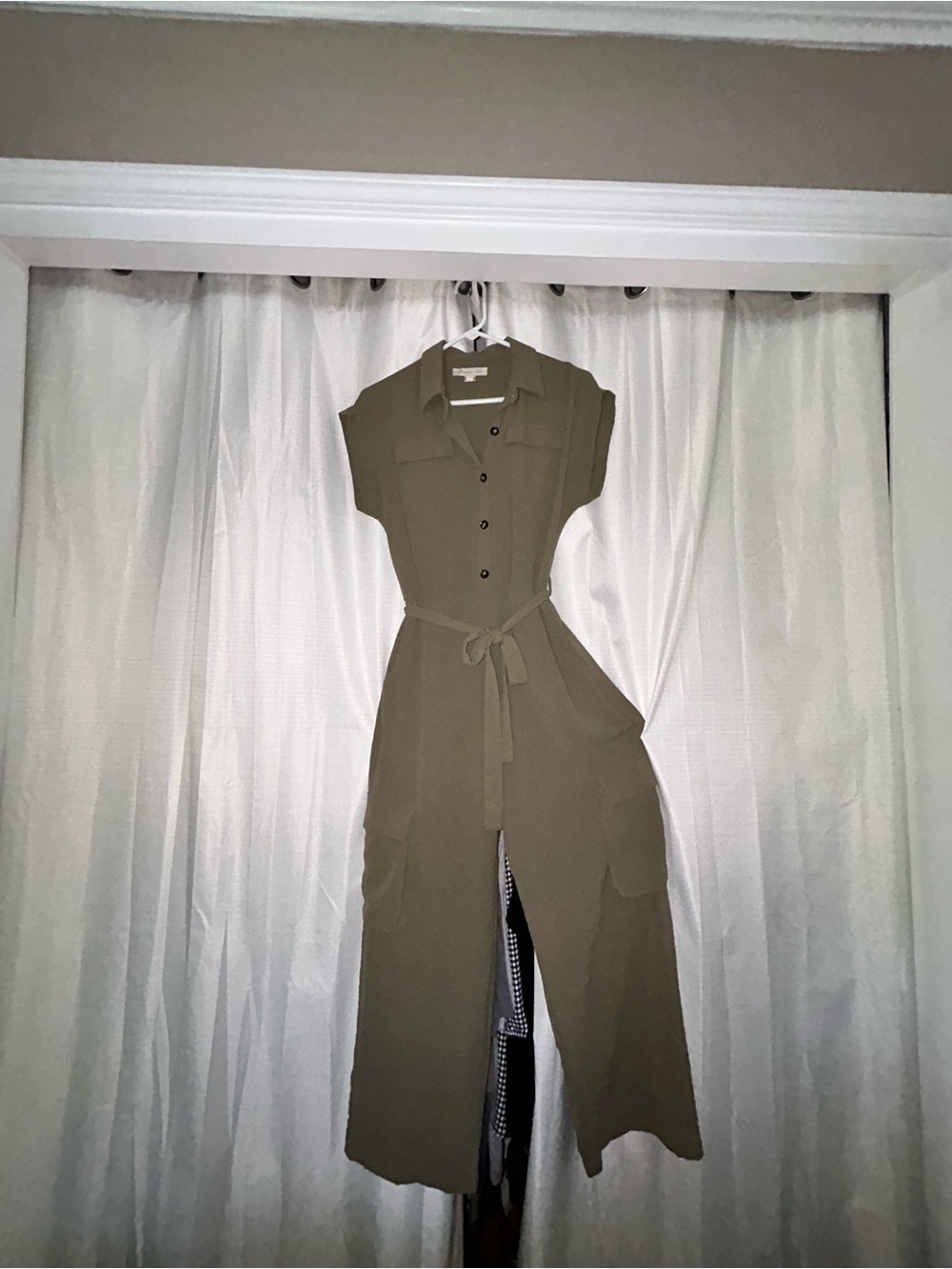 Monteau Olive Utility Shirt Jumpsuit with Tie Waist